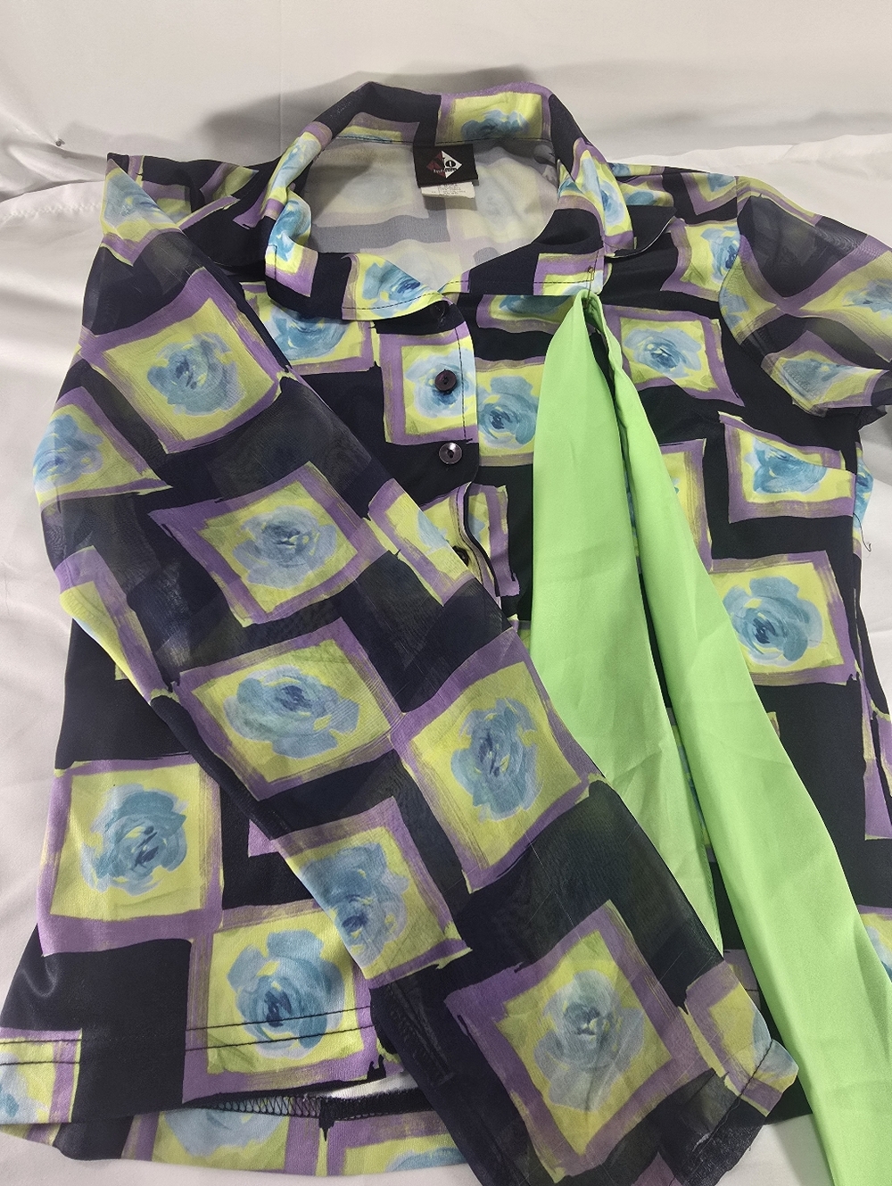 Vintage 90s Blair Petite Sheer Abstract Floral Blouse Neon Scarf Large
